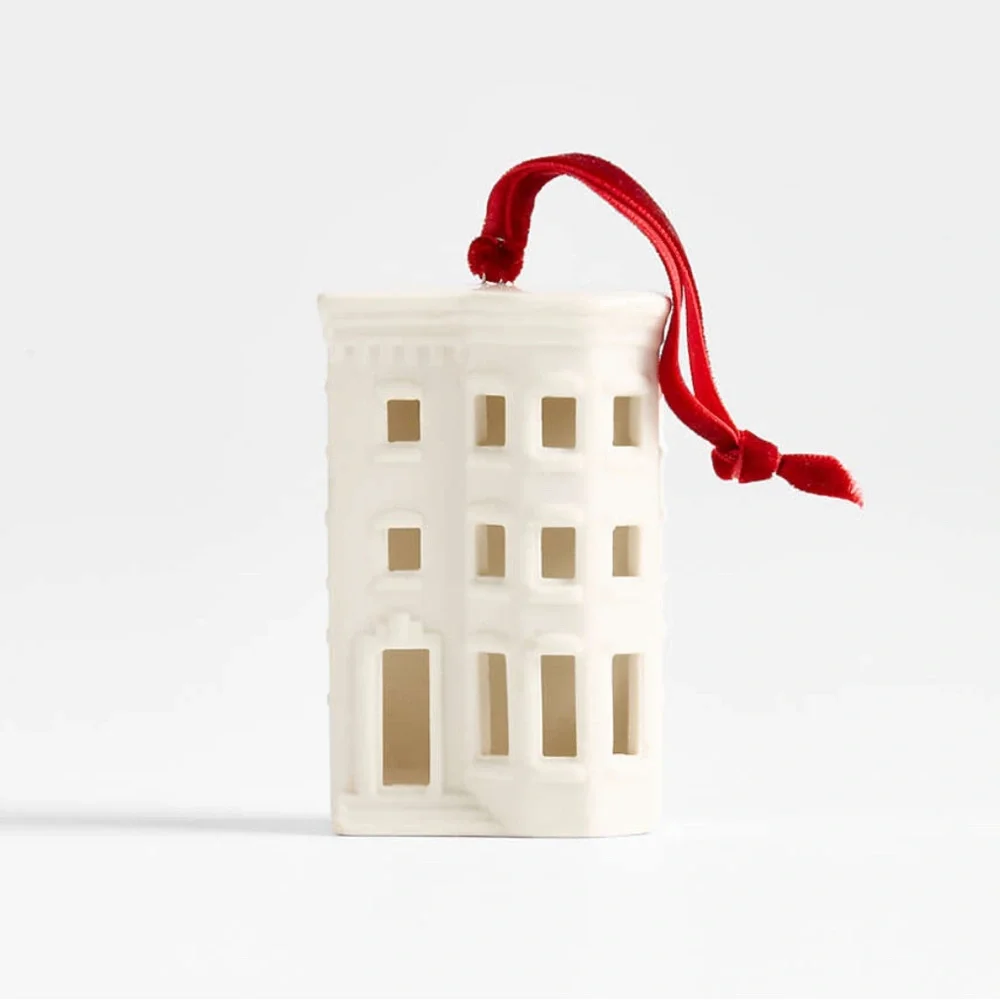 Crate&Barrel delightful brownstone Christmas ornament celebrates city living.